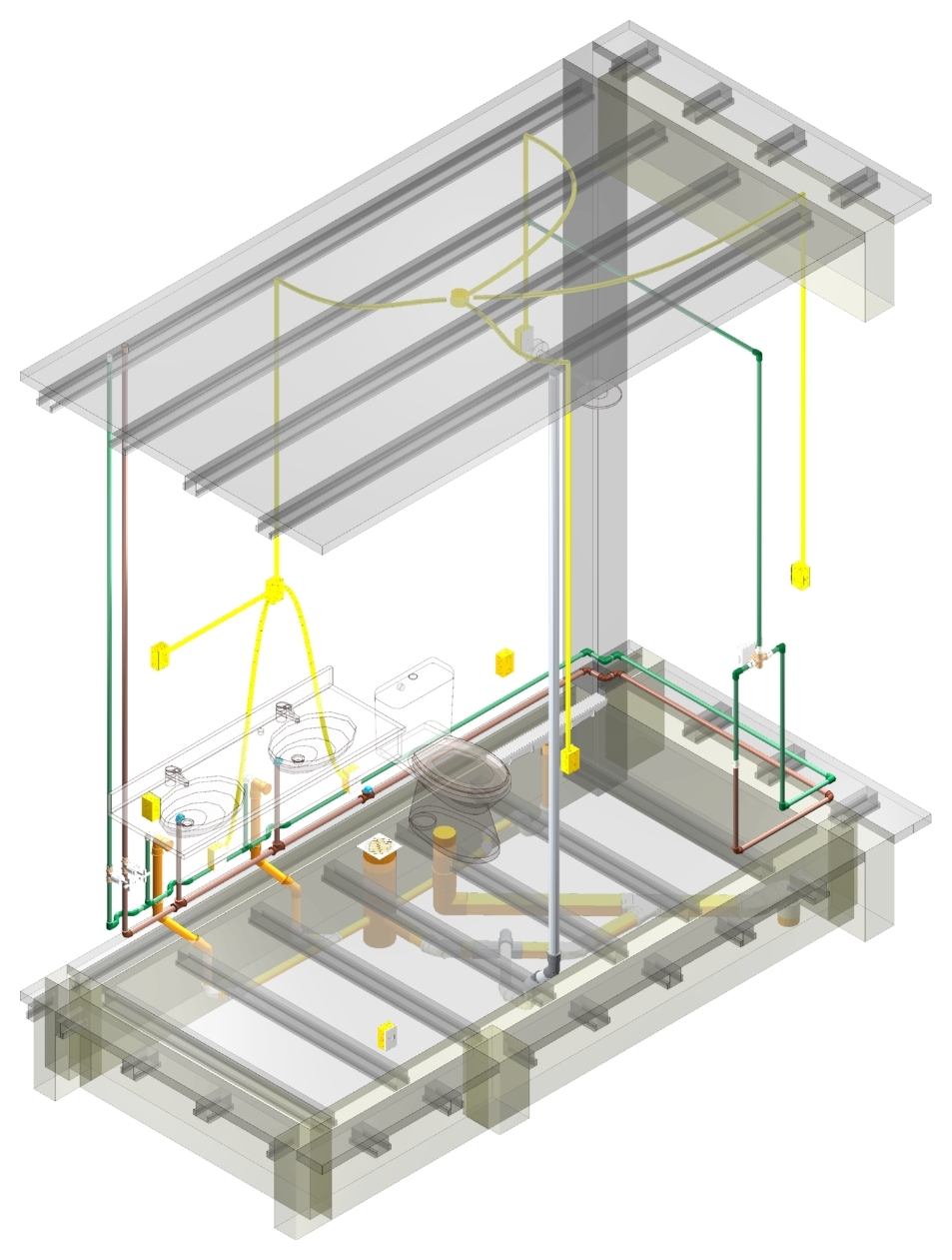 Modelo 3D BIM de um ambiente com estrutura, instalações hidráulicas e elétricas