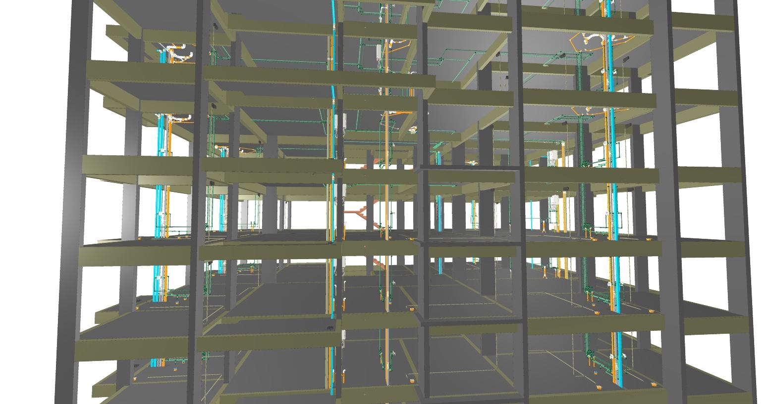 Modelo BIM da estrutura com instalações hidrossanitárias e elétricas compatibilizadas